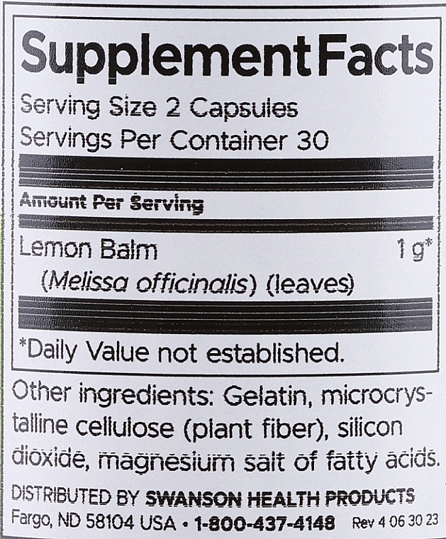Пищевая добавка "Лимонный бальзам", 500 мг - Swanson Full Spectrum Lemongrass — фото N3