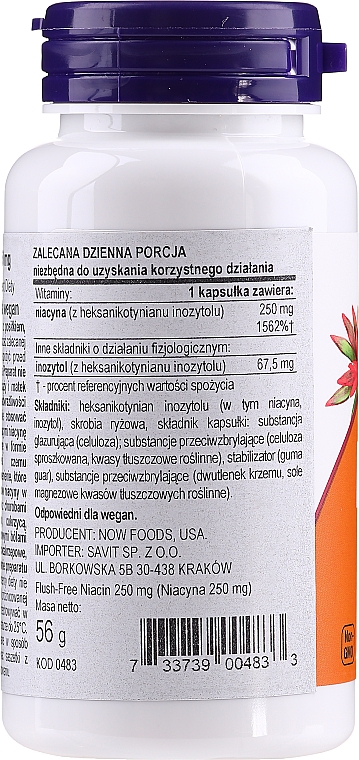 Харчова добавка "Ніацин (Вітамін В3)", 250 мг - Now Foods Flush-Free Niacin — фото N3