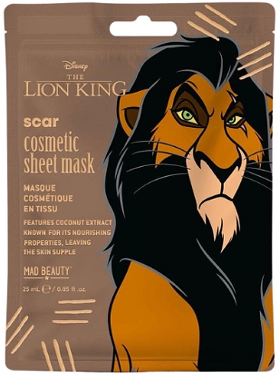 Маска для обличчя з екстрактом кокоса - Mad Beauty Disney The Lion King Scar Cosmetic Sheet Mask — фото N1
