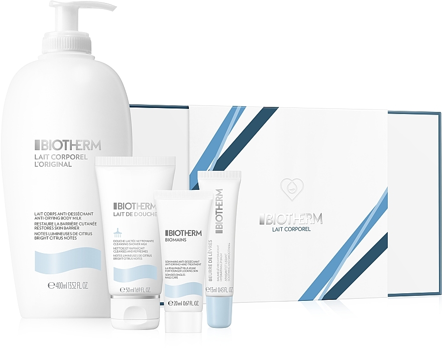 Набір - Biotherm Lait Corporel (b/milk/400ml+ sh/milk/50ml + h/cr/20ml + lip/balm/13ml) — фото N1