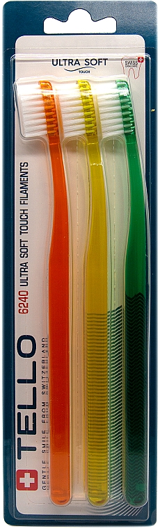 Набор зубных щеток, экстра-мягких, 6240, оранжевая+желтая+зеленая - Tello — фото N1