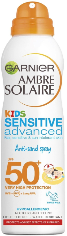 Дитячий сонцезахисний сухий спрей "Антипісок" - Garnier Ambre Solaire Kids Sensitive Anti-Sand Sun Cream Spray SPF50+ — фото N1