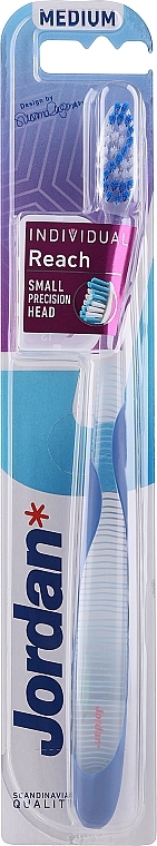 Зубна щітка середньої жорсткості, з захисним ковпачком, синя з полосками - Jordan Individual Reach Toothbrush — фото N1