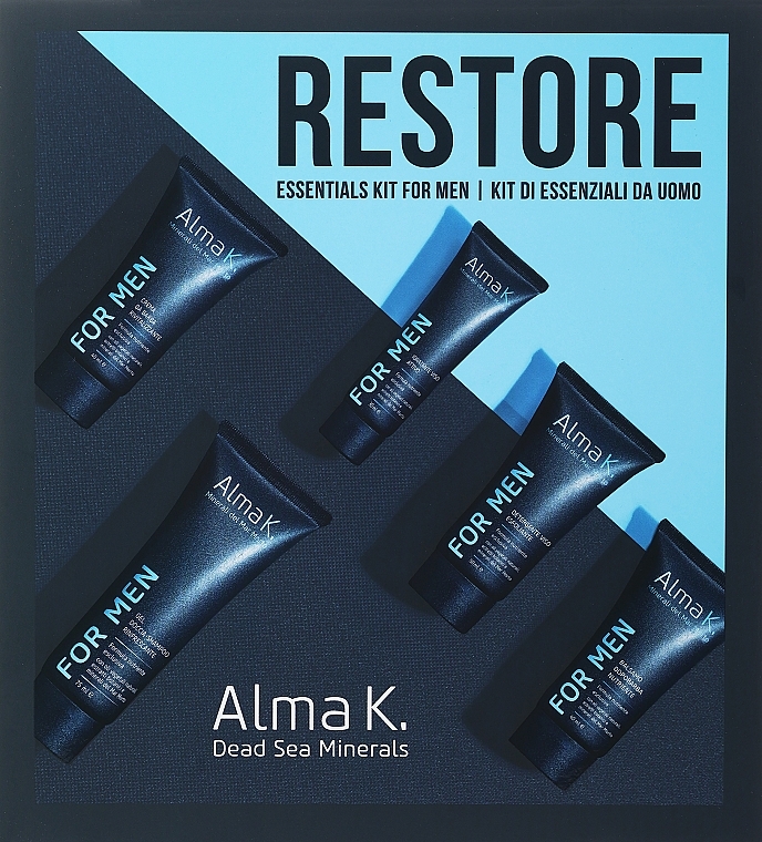 Набір із 5 продуктів - Alma K. Restory Essentials Kit for Men (sh/gel/75ml + clean/50ml + moist/30ml + sh/cr/40ml + af/balm/40ml) — фото N1