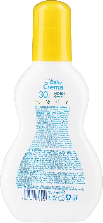 Сонцезахисний спрей-молочко для обличчя та тіла - Baby Crema Sun Milk SPF 30+ — фото N2