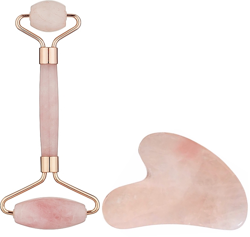 Набор для лица из розового кварца: роликовый массажер и скребок Гуаша - Reclaire Anti-Aging Facial Massage 