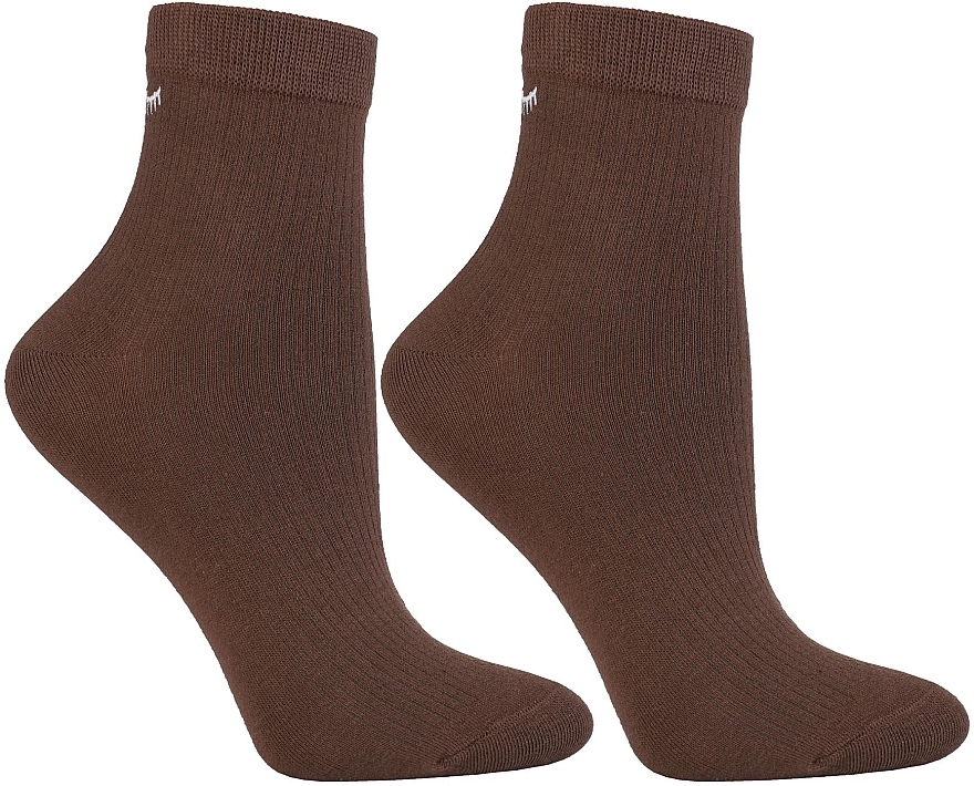 Жіночі короткі шкарпетки в рубчик 3/4 з вишивкою, коричневі - Moraj — фото N1