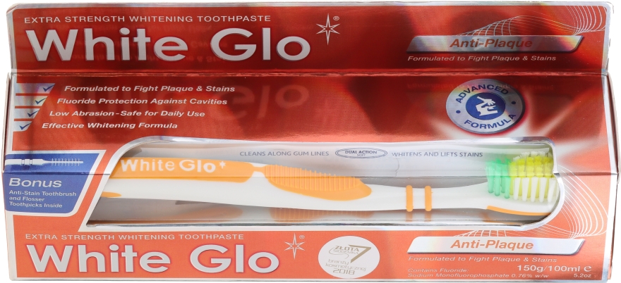 Набір "Зубний наліт" з біло-жовтою щіткою - White Glo Anti-Plaque (t/paste/100ml + t/brush/1 + dental/flosser/1) — фото N1