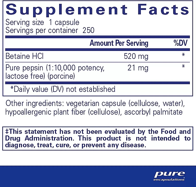 Диетическая добавка "Бетаина гидрохлорид + пепсин" - Pure Encapsulations Betaine HCL/Pepsin — фото N2