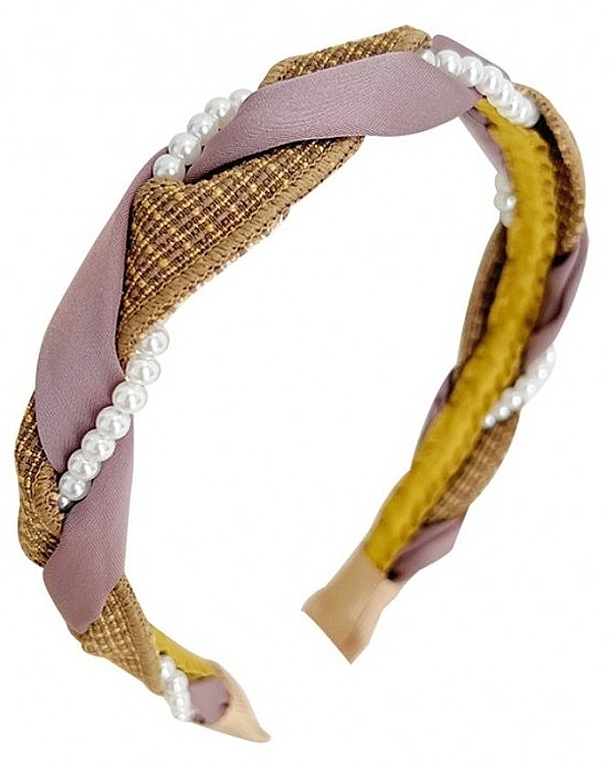 Обруч для волос плетеный с жемчугом, O504, желтый с розовым - Ecarla — фото N1