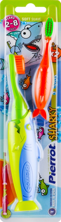 Детская зубная щетка "Акула №2", салатовая + оранжевая, салатово-синяя - Pierrot Kids Sharky Soft — фото N1