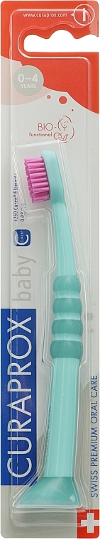 Зубная щетка детская CS Baby с прорезиненной ручкой (0-4), зеленая, розовая щетина - Curaprox — фото N1