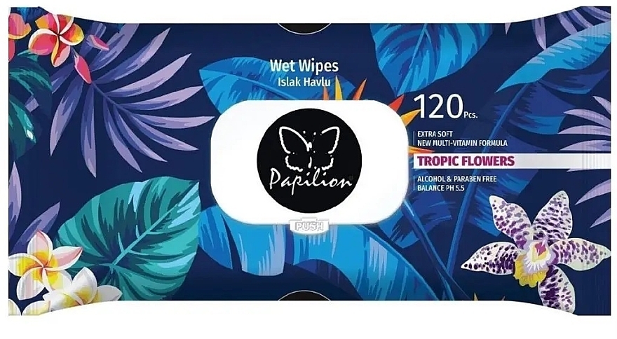Вологі серветки з пластиковою кришкою "Тропічні квіти", 120 шт. - Papilion Wet Wipes Tropic Flowers — фото N1