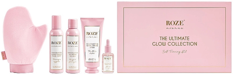 Подарунковий набір для автозасмаги - Roze Avenue Glow Collection Tanning Box (spray/150m l+ lot/200ml + mousse/200ml + drops/30ml + glove/1 piece) — фото N1