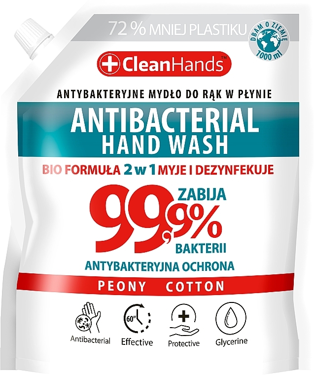 Антибактериальное мыло для рук 99,9% 2в1 "Пион и хлопок " - Clean Hands Antibacterial Hand Soap (refill) — фото N1