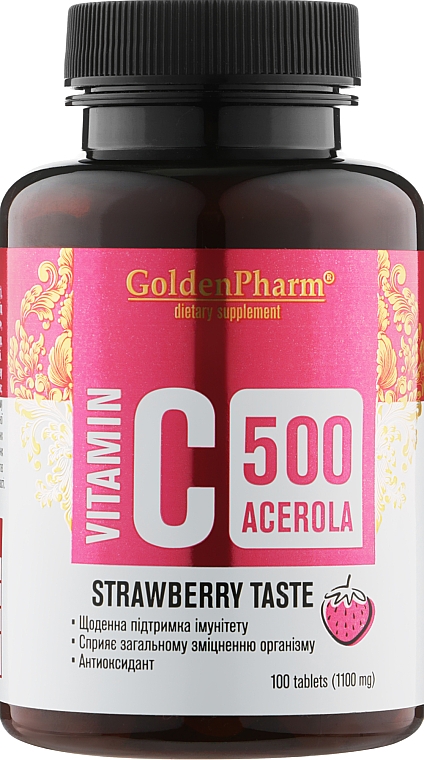 Вітамін С "Ацерола" зі смаком полуниці, 100 таблеток - Голден Фарм — фото N1