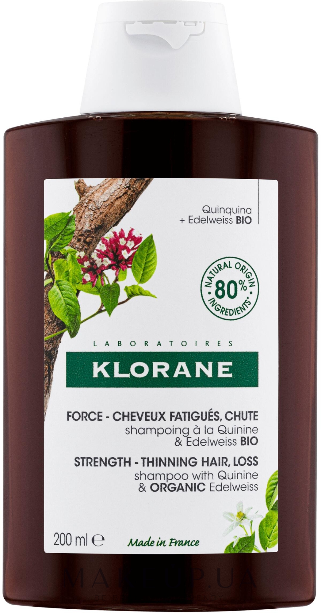 Шампунь с эдельвейсом от выпадения волос - Klorane Force Tired Hair & Hair Loss Shampoo with Organic Quinine and Edelweiss  — фото 200ml