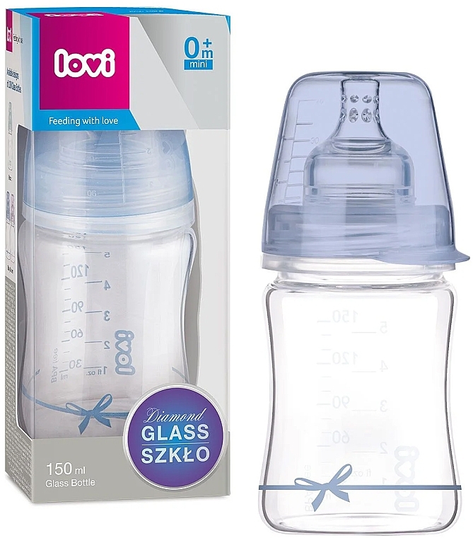 Пляшечка скляна "Diamond Glass Baby Shower", 150 мл, 0+ міс., синя - Lovi — фото N1