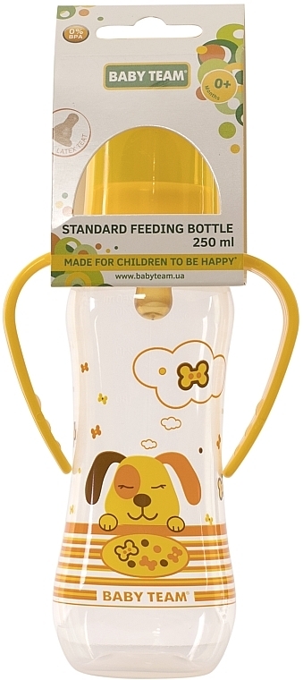 Пляшечка для годування з латексною соскою та ручками "Собачка", 250 мл, 0+, жовта - Baby Team — фото N1