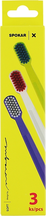 Набор зубных щеток "X", мягких, фиолетовая + белая + салатовая - Spokar X Soft