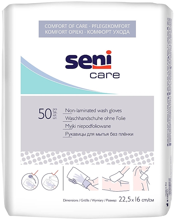 Одноразовые рукавицы для мытья, без пленки, 50 шт. - Seni Care Non-Laminated Wash Gloves — фото N1