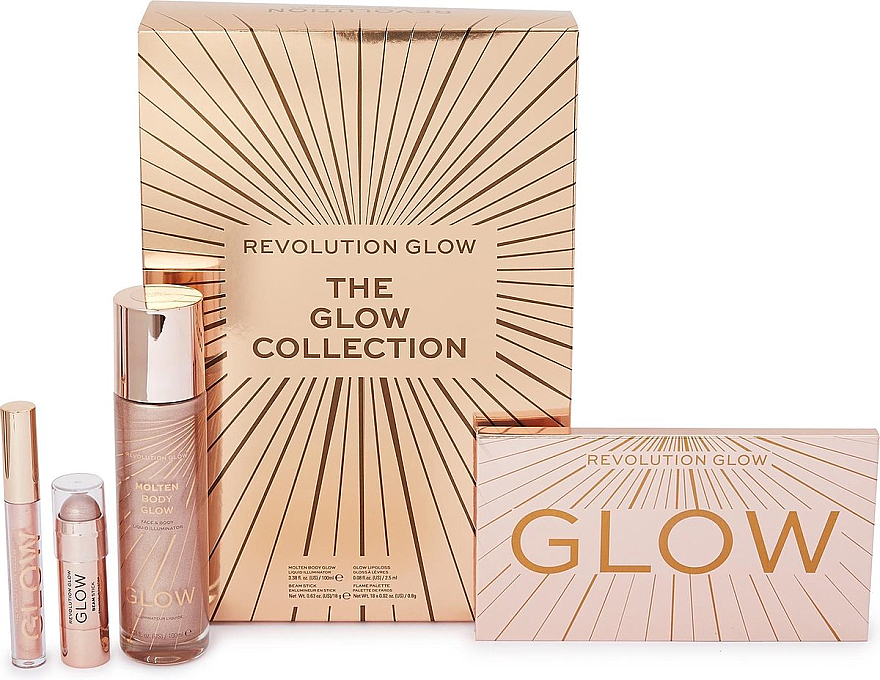Набір - Makeup Revolution The Glow Collection (eye/palette/0.8 g + illuminator/100ml +  lip/gloss/2.5ml + beam/stick/18g) — фото N1