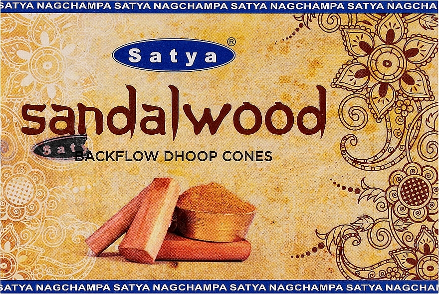 Стелющиеся дымные благовония конусы "Сандаловое дерево" - Satya Sandalwood Backflow Dhoop Cones — фото N1