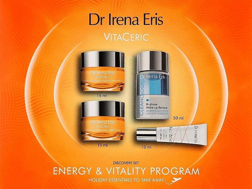 Подарочный набор с миниатюрами - Dr Irena Eris Vitaceric Energy & Vitality Program (d/cr/15ml + n/cr/15ml + cr/10ml + remover/50ml) — фото N1