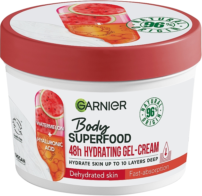 Зволожуючий гель-крем для зневодненої шкіри тіла - Garnier Body SuperFood Watermelon & Hyaluronic Acid Hydrating Gel-Cream
