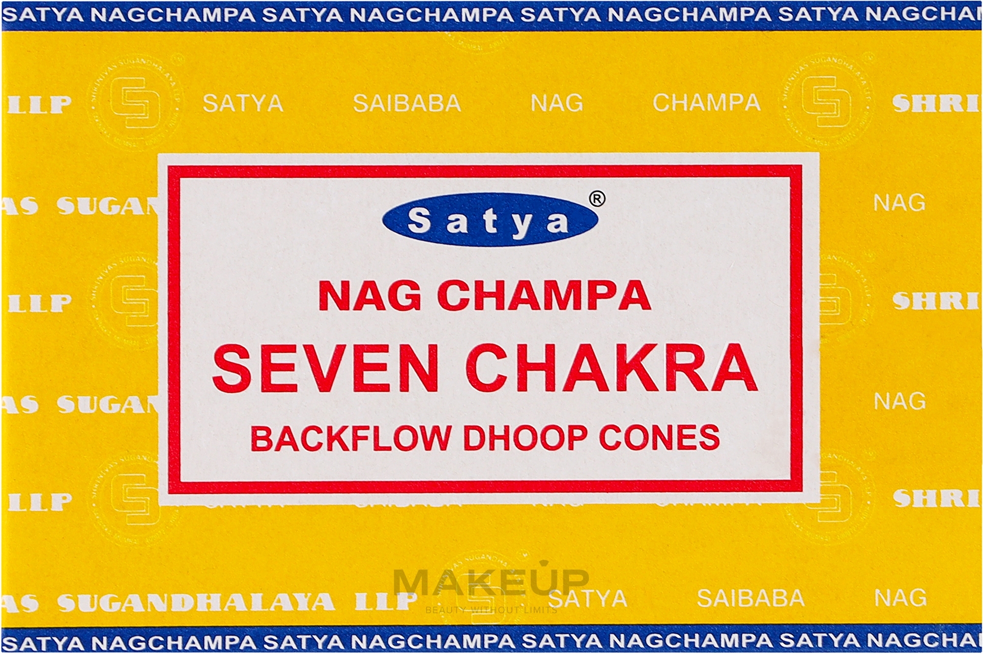 Стелющиеся дымные благовония конусы "Семь чакр" - Satya Seven Chakra Backflow Dhoop Cones — фото 10шт