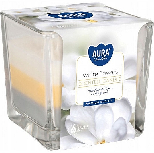 Свеча в квадратном стакане "Белые цветы" - Bispol Aura White Flowers Candles — фото N1