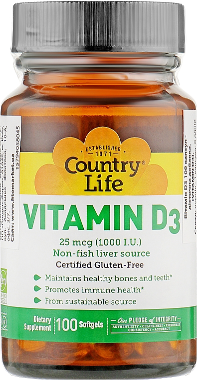 Харчова добавка "Вітамін D3 1000 IU" - Country Life Vitamin D3 1000 IU — фото N1