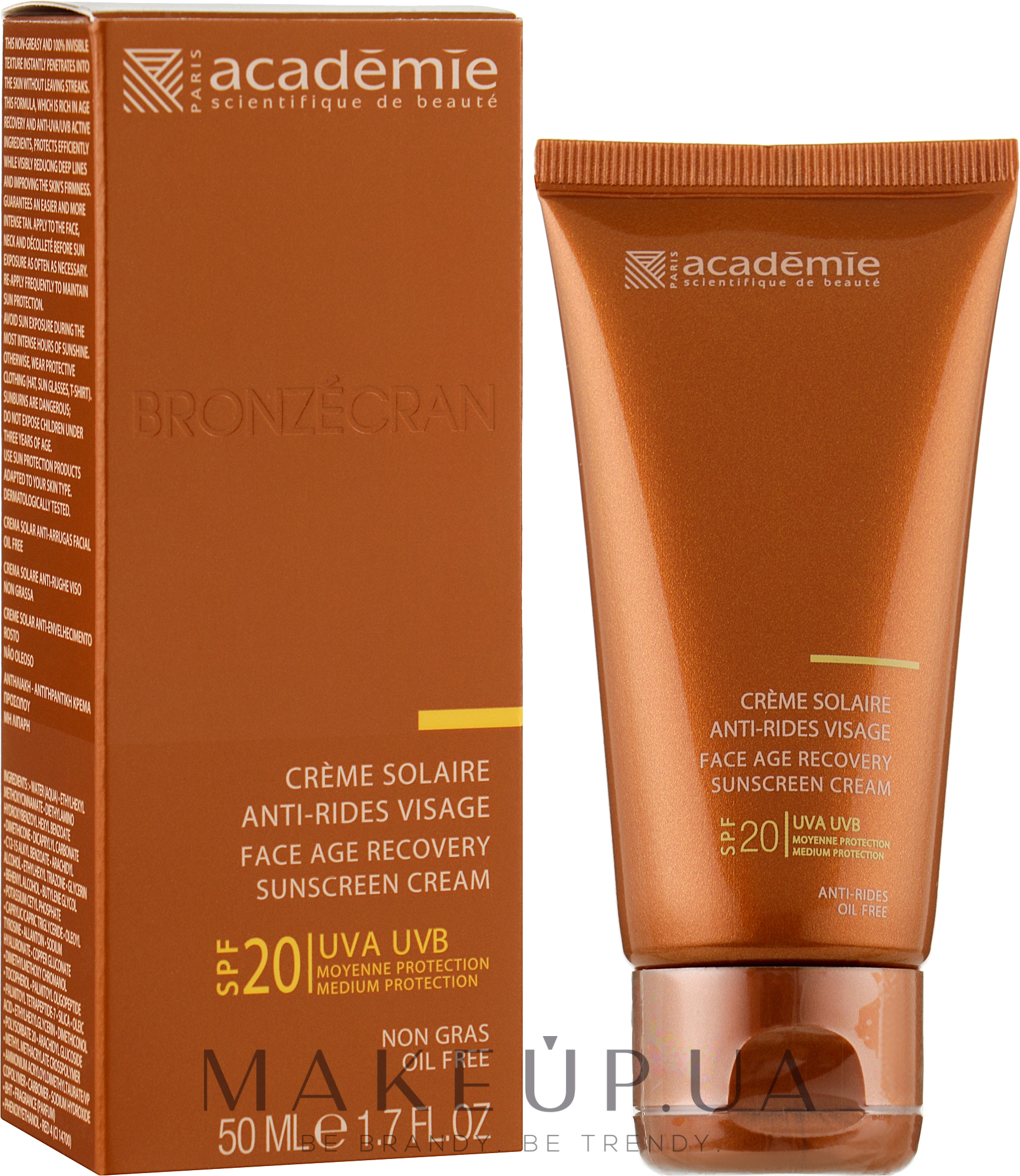 Сонцезахисний регенеруючий крем SPF 20+ - Academie Bronzecran Face Age Recovery Cream Sunscreen — фото 50ml