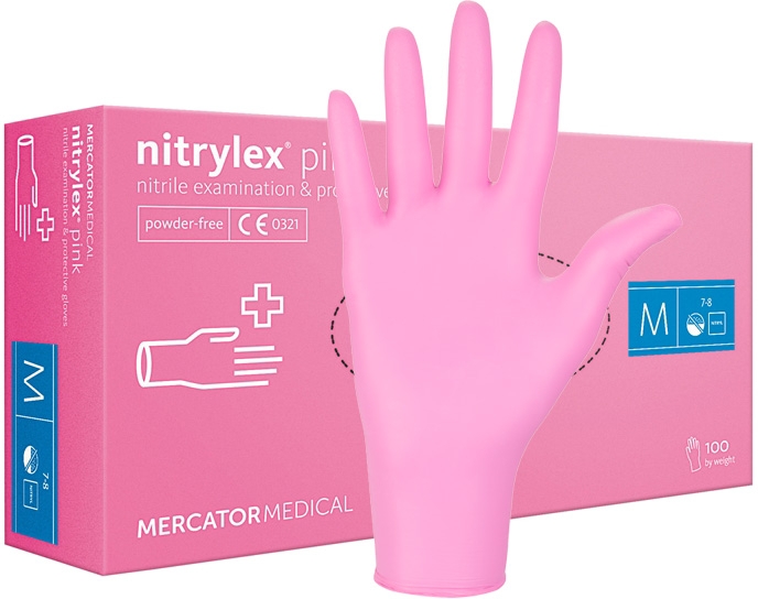 Рукавички нітрилові, оглядові, рожеві, розмір М - Mercator Medical Nitrylex Pink — фото N2