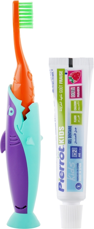 Набор детский "Акула", оранжевый + бирюзово-фиолетовая акула + желтый чехол - Pierrot Kids Sharky Dental Kit (tbrsh/1шт. + tgel/25ml + press/1шт.) — фото N2