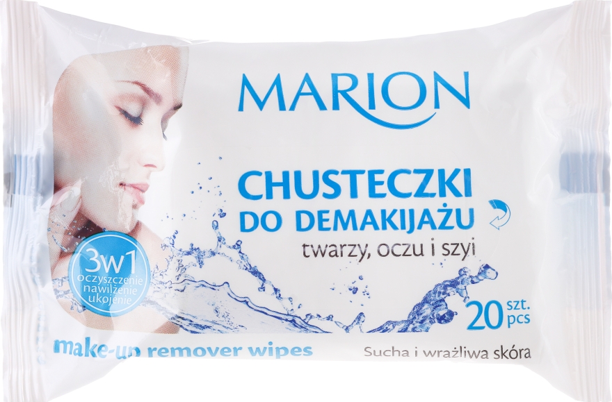 Салфетки для снятия макияжа с лица, глаз и шеи, сухая и чувствительная кожа, 20 шт. - Marion — фото N1