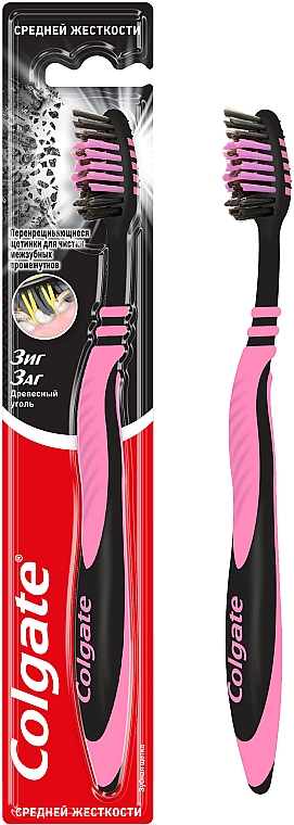 Зубна щітка "Зигзаг з деревним вугіллям", середня, чорно-рожева - Colgate — фото N1