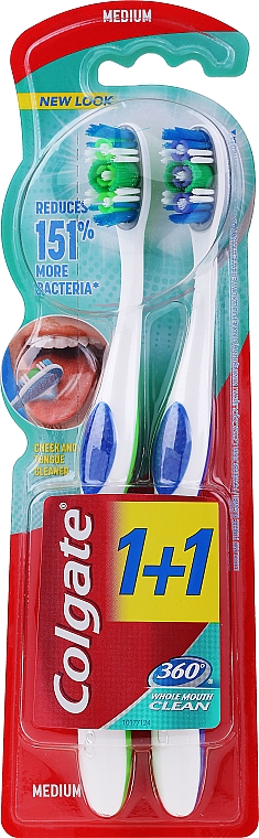 Зубная щетка 360 "Суперчистота" средняя, 1 + 1, зеленая + фиолетовая - Colgate — фото N1