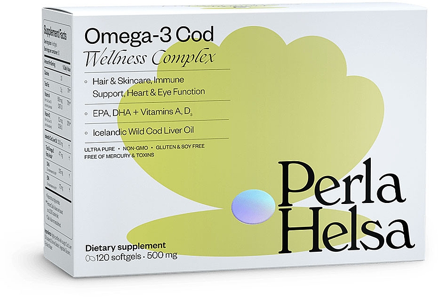 Омега-3 з тріски, з вітамінами А й Д3, 120 капсул - Perla Helsa Omega-3 Cod Wellness Complex Dietary Supplement