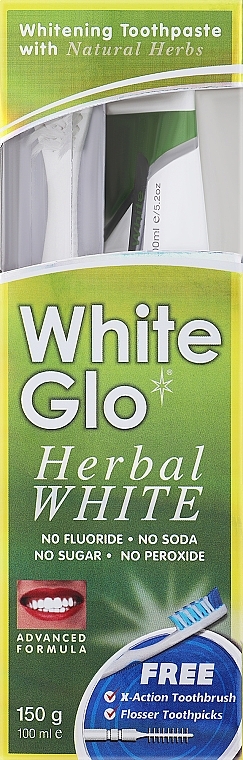 Набор с бело-розовой щеткой - White Glo Herbal White Set (t/paste/100ml + t/brush/1pc + dental/flosser) — фото N2