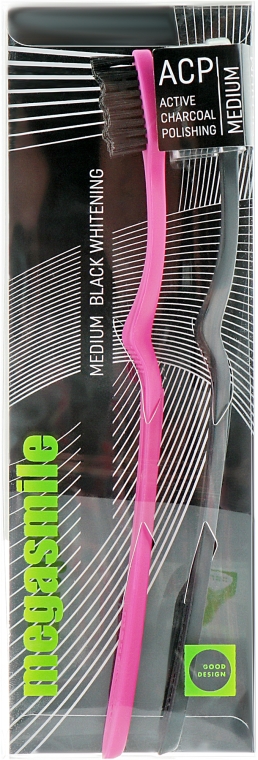 Зубна щітка "Блек Вайтенінг", рожева + чорна - Megasmile Medium Whiteninng Toothbrush — фото N1