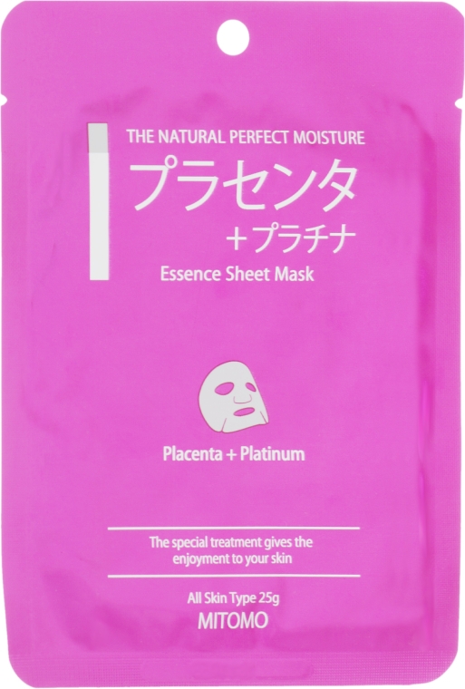 Тканинна маска для обличчя "Плацента і нано-частинки платини" - Mitomo Essence Sheet Mask Placenta + Platinum — фото N1