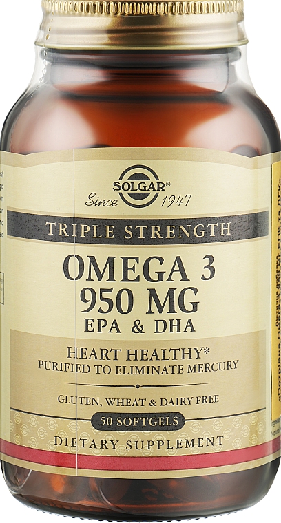 Дієтична добавка "Потрійна омега-3 ЕПК/ДГК, 950 мг", капсули - Solgar Triple Strength Омега-3