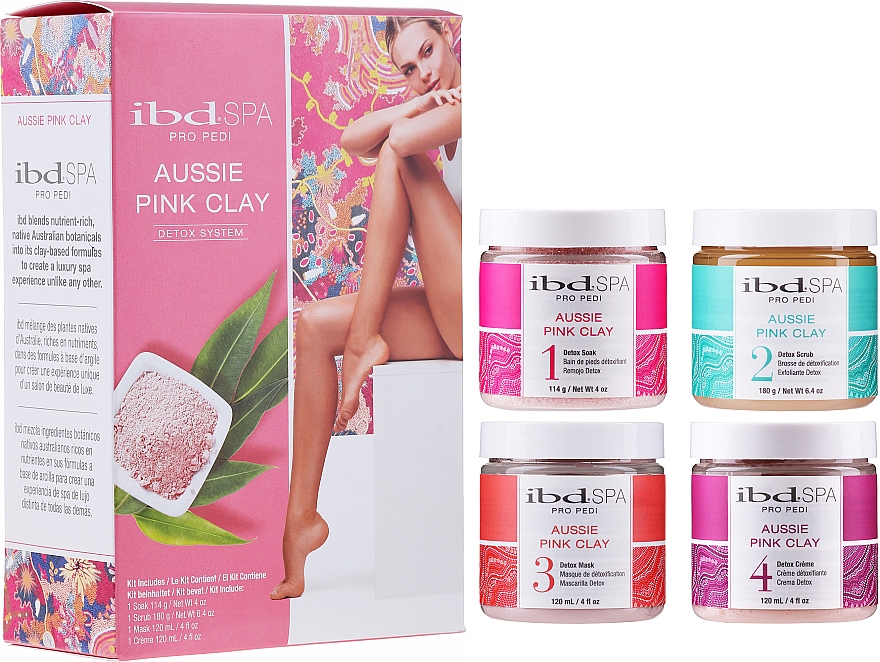 Набір для рук і ніг з рожевою глиною - IBD Aussie Pink Clay Detox Intro Kit (soak/114g + scr/180g + mask/120ml + cr/120ml) — фото N1