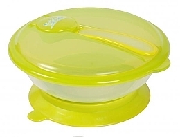 Детская тарелка с крышкой и ложкой на присоске, 400 мл, зеленая - Lindo Рк 037 — фото N1