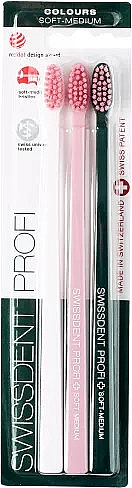 Зубные щетки с розовой щетиной, белая, розовая, зеленая - Swissdent Profi Colours Soft-Medium Trio