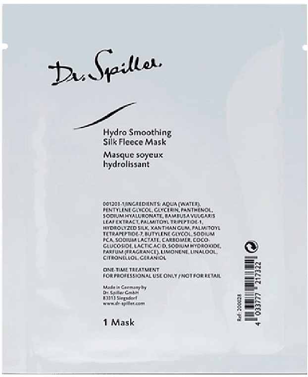 Розгладжувальна і зволожувальна маска-фліс із протеїнами шовку - Dr. Spiller Hydro Smoothing Silk Fleece Mask — фото N1