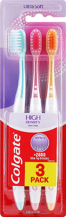Набор зубных щеток, ультра-мягкие, зеленая + розовая + оранжевая - Colgate High Density Gum Care — фото N1