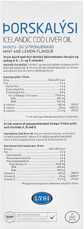 Омега-3 риб'ячий жир з печінки тріски з вітамінами А+ Д+ Е - Lysi Icelandic Cod Liver Oil Mint & Lemon Flavor (скляна пляшка) — фото N4