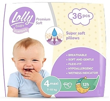 Подгузники детские "Premium Soft" 4 (7-18 кг), 36 шт. - Lolly — фото N1
